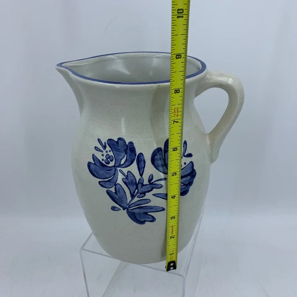 Blue Floral Stoneware Pitcher Country Cottage Folk Art Jug 9